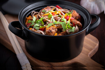 Oriental dish with soba noodles and red bean sauce