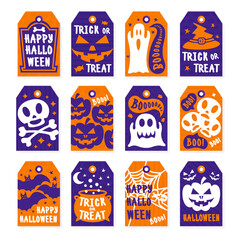 Happy halloween tags set color style with skull, pumpkin, spider, bat for decoration holiday party, poster, greeting card. Vector Illustration