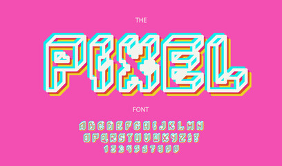 Fototapeta na wymiar Vector pixel font neon style for banner, infographics, motion graphic, party poster, book, music, t shirt, flyer, decoration, printing, industrial. Cool typeface. Trendy alphabet. 10 eps