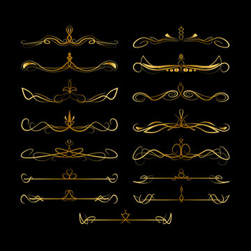 Set of gilded calligraphic elements, decorative text dividers.  Ornamental patterned lines to decorate text and other projects, isolated on black background. Vector illustration.