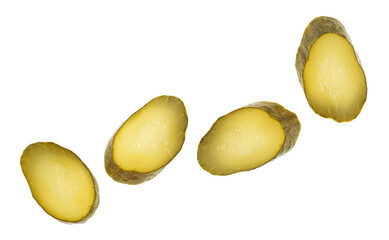 Fresh pickle slices isolated on a white background, top view.