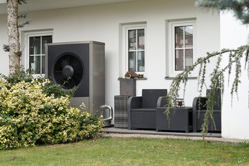 Powerful heat pump in modern house of future using green electric energy, heat pump - efficient...