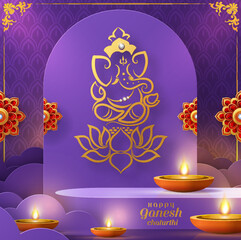 Happy ganesh chaturthi greetings with golden shiny lord ganesha most famous festivals in india with patterned and crystals on paper color background. - obrazy, fototapety, plakaty