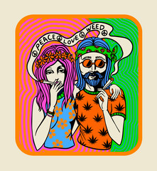 hippie couple smoking weed, psychedelic print on t-shirt