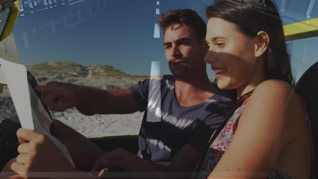 Animation of moving road over happy caucasian couple with map in car on beach