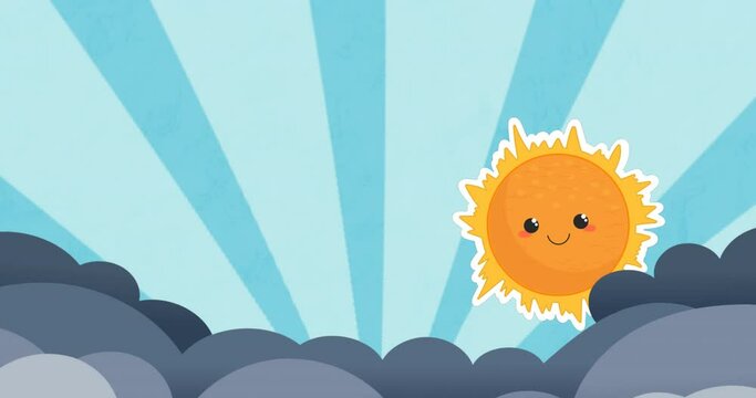 Animation of sun and clouds over blue striped background