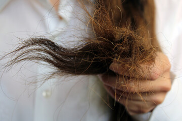 The girl holds the ends of damaged dry hair in her hand. Hair close-up.