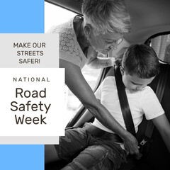 Image of national road safety week over caucasian grandmother fastening child belt in child seat
