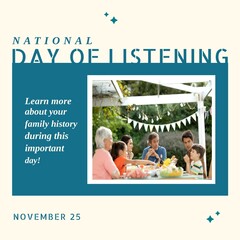 Composition of national day of listening text over caucasian family having dinner