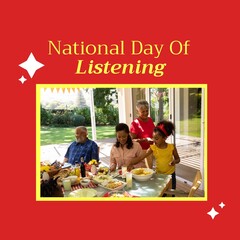Fototapeta premium Composition of national day of listening text over african american family having dinner