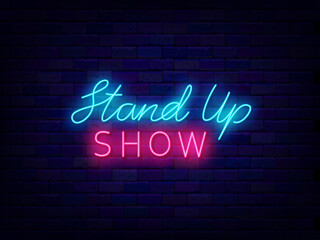 Stand up show neon lettering. Comedy night, Comic performance. Colorful text. Vector stock illustration