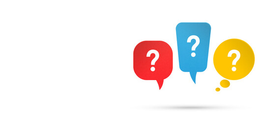 Question mark design with multi colored speech bubbles on white background