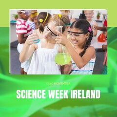 Composition of science week ireland text over diverse schoolchildren in lab