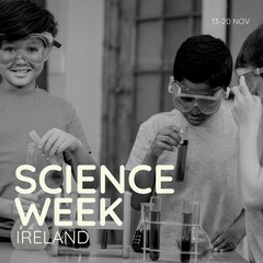 Composition of science week ireland text with diverse schoolchildren holding beakers and test tubes