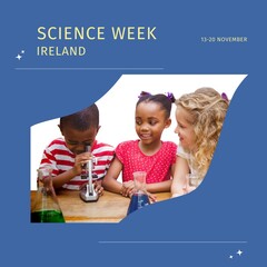 Composition of science week ireland text with diverse schoolchildren on blue background