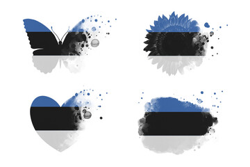 Sublimation backgrounds different forms on white background. Artistic shapes set in colors of national flag. Estonia