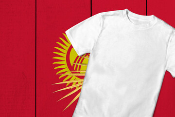 Patriotic t-shirt mock up on background in colors of national flag. Kyrgyzstan
