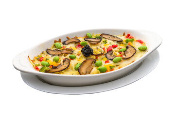 Truffle cream baked pasta served in a dish isolated on plain white background side view