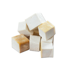 vegan cheese cube tofu served in a dish isolated on plain white background side view