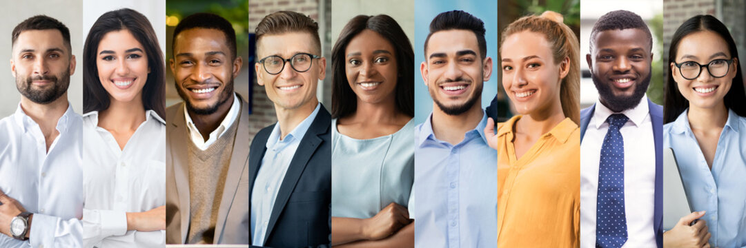 Smiling multiethnic faces looking at camera, collection of business people