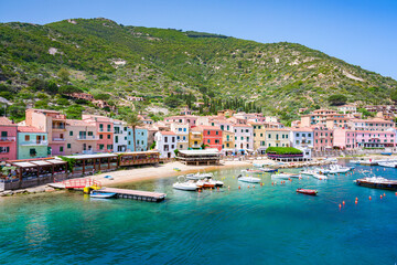 Giglio Porto on Giglio Island, Tuscany, Italy, Near Monte Argentario and Porto Santo Stefano, Giglio island is one of seven form the Tuscan Archipelago. A paradise for snorkeling diving - obrazy, fototapety, plakaty