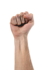Beautiful and stylized hand of caucasian person with fist up over 100% white background