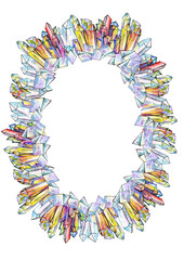 Watercolor gem stones round frame. Hand painted card design with multicolor crystals isolated on white background