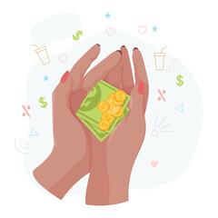 Hands with money Counting, giving, giving, receiving, squeezing and showing money. Payment for goods. Charity. Banking operations with cash. Vector illustration.