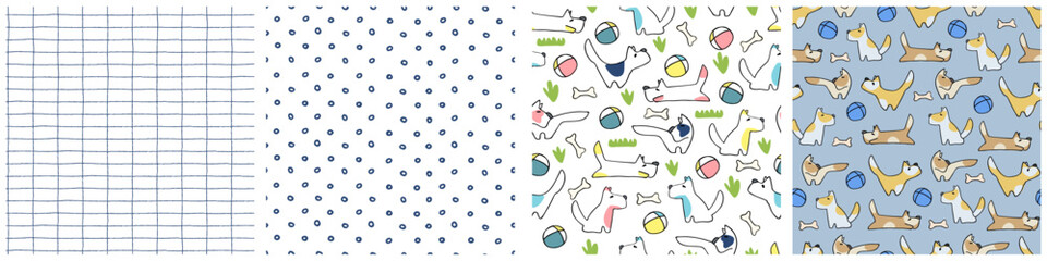 Seamless patterns set with funny dogs playing. Perfect for kids. Bone, ball and terrier doodles on white background