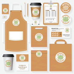 Farm fresh shop corporate identity template for use organic market, natural product, vegan shop, healthy food store, vegetarian cafe. Set of card, flyer, menu, package, uniform. Vector Illustration