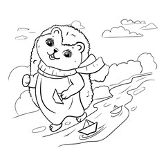 The hedgehog launches paper boats down the stream. The arrival of spring. Coloring book for children. Vector illustration isolated on white background.