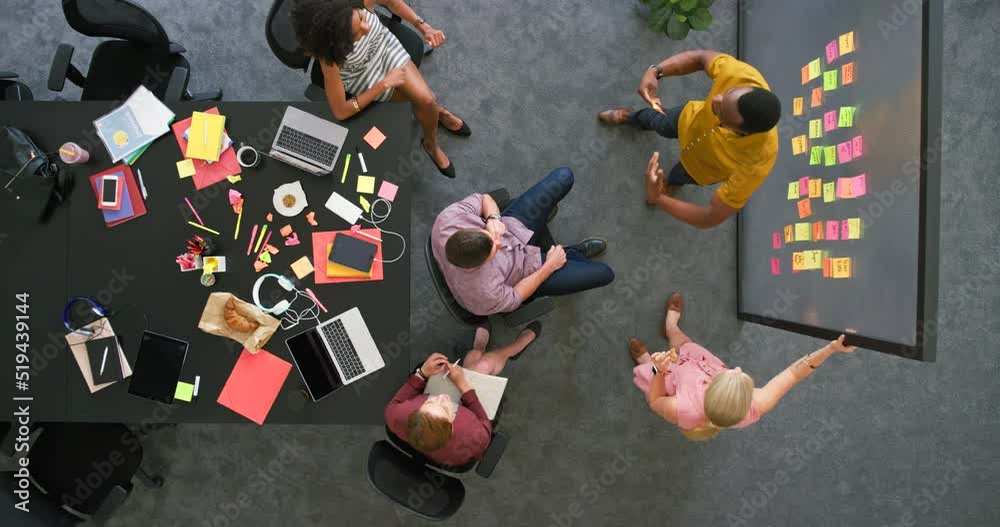 Poster teamwork of successful businesspeople meeting together from above, cheering with high five gesture a