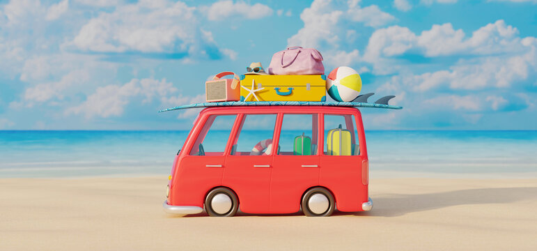 Bus with luggage and summer accessories ready for travel. Vacation concept on sandy beach 3D Render 3D illustration