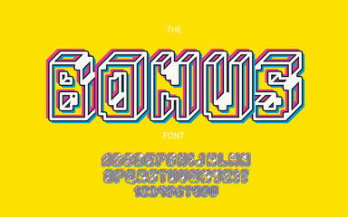 Vector bonus font 3d bold style. Trendy alphabet for party poster, kids book, t shirt, flyer, decoration, card, sale banner, printing on fabric, industrial. Cool typeface. 10 eps