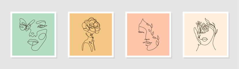 Modern abstract line minimalistic women faces poster arts set with different wall color, postcard or brochure cover design. Different woman faces. One line art. Vector illustrations design