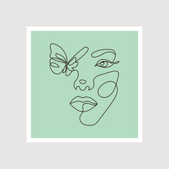 Modern abstract line minimalistic women faces poster arts with different wall color, postcard or brochure cover design. Different woman faces. One line art. Vector illustrations design