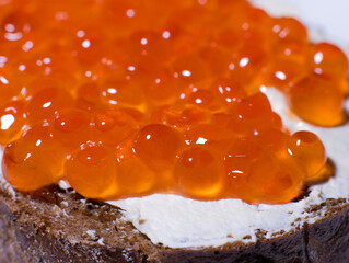 slices of white bread with red caviar close-up