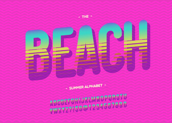 Beach vector font 3d bold style trendy typography for party poster, t shirt, decoration, book, card, sale banner, printing on fabric, industrial. Cool typeface. Trendy alphabet. 10 eps