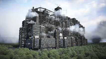 Apocalyptic city build. Overpopulation problem. Realistic 4k animation. 3d rendering. - obrazy, fototapety, plakaty