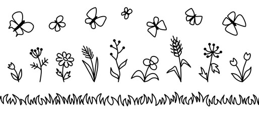 Vector outline illustration. Seamless border made of grass, as well as flowers and butterflies.