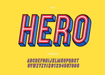 Vector hero font 3d bold style modern typography for poster, event decoration, motion, video, game, t shirt, book, banner, printing. Cool typeface. Trendy alphabet. 10 eps