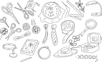 Embroidery sewing embroidery set doodles hand drawn hoop thread scissors separate elements on a white background sketch