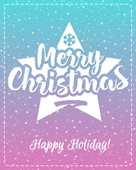 Obraz na płótnie Canvas Christmas greeting card with white emblem consisting sign Merry Christmas and star isolated on snow holiday background blue gradient style. Vector Illustration