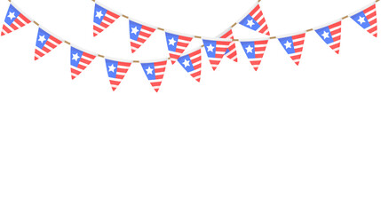 Obraz premium USA flag garland. US patriotic pennants chain. American party bunting decoration. United States flags for celebration. Vector background.