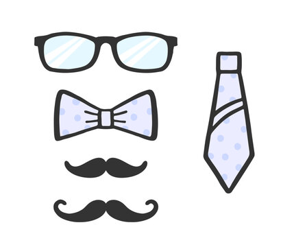 Photo props set. Glasses, moustache, bow and tie for selfie. Collection of male photo accessories. Photobooth set. Vector 