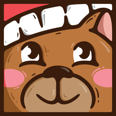 Logo with the face of a cute bear in a New Year's hat with pink cheeks. Handdrawn vector Christmas icon.