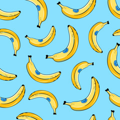 Bananas seamless pattern, tropical fruit background, comic style illustration