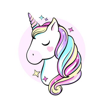 Unicorn head with rainbow mane, cute cartoon style drawing, vector illustration