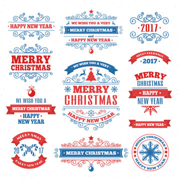 Merry Christmas color emblem set with christmas wish color style for greeting card. Decoration christmas label. Merry Christmas and Happy New Year. Vector Illustration