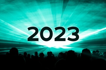 Happy new year 2023 turquoise laser show party people crowd. Luxury entertainment with audience silhouettes turn of the year celebration. Premium nightlife event at holidays season party time